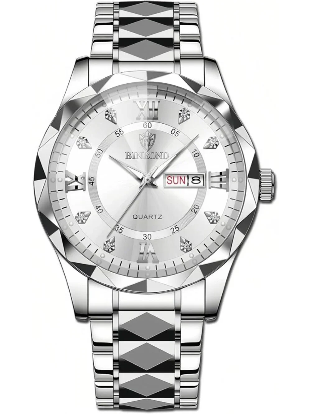 Unisex White Silver Analog Stainless Steel Roman Numeral Diamond Luxury Watch